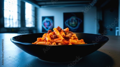 Dark Bowl of Rich Pasta with Red Sauce
