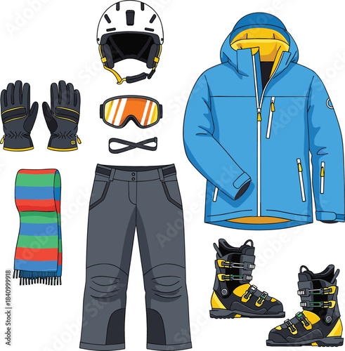 Complete Winter Sports Clothing and Equipment Set Including Jacket, Pants, Helmet, Goggles, Scarf, and Ski Boots Vector