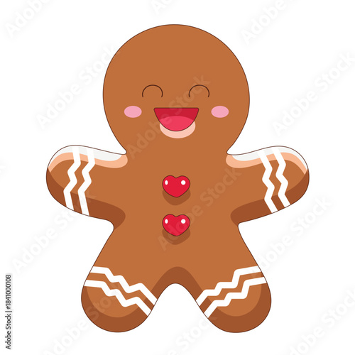 Gingerbread man with hearts in his hands. Vector illustration.