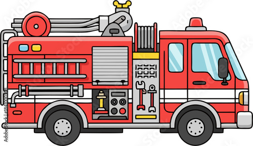 Fire Truck Vector Illustration – Cute Red Emergency Vehicle In Side View With Ladder, Hose And Rescue Tools
