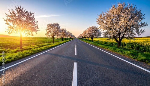 Road with blooming trees in spring