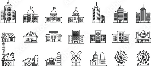 Architecture and Cityscape Icons Set: Skyscrapers, Government Building, Farm, House, Windmill, Ferris Wheel, Urban and Rural Structure Line Art