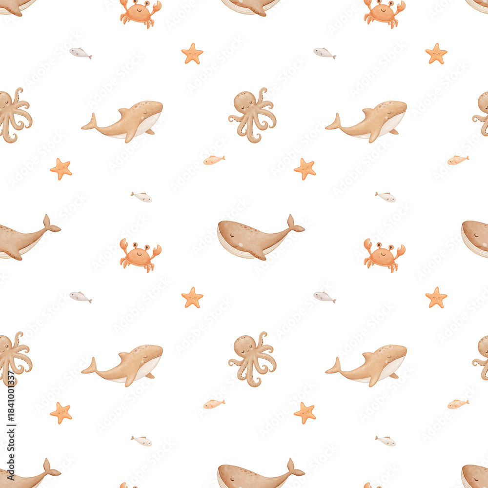 Obraz premium Seamless pattern with small sea animals, hand drawn repeating background. Allover childish print for nursery
