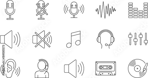 Audio, Music, and Sound Outline Vector Icons Set: Microphone, Headphone, Volume Control, Equalizer, Recording, Listening, Podcast, and Broadcast Equipment Symbols.