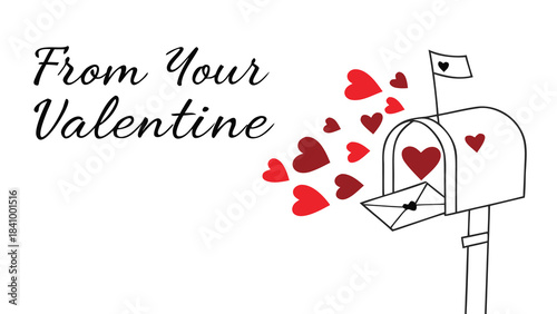 From your valentine greeting card with a mailbox overflowing with red hearts and a love letter being delivered on a white background