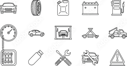 Automotive Service, Car Repair, and Mechanic Tools Icon Set: Modern Thin Line Symbols for Garage, Maintenance, Fuel, Towing, Battery, Tire, and Vehicle Safety Solutions, Minimalist Vector 