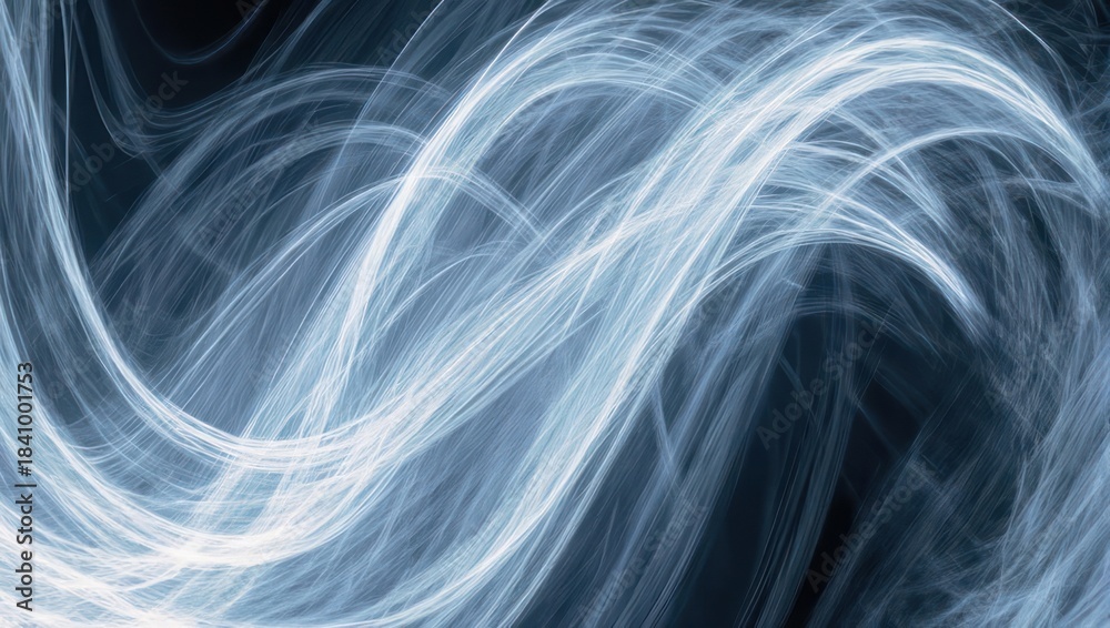 Fototapeta premium Abstract swirling blue-white light trails on dark background, creating flowing wave-like patterns