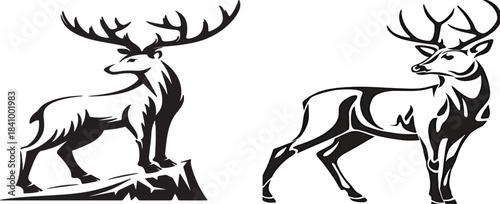 Elegant black and white illustration of two majestic deer with large antlers