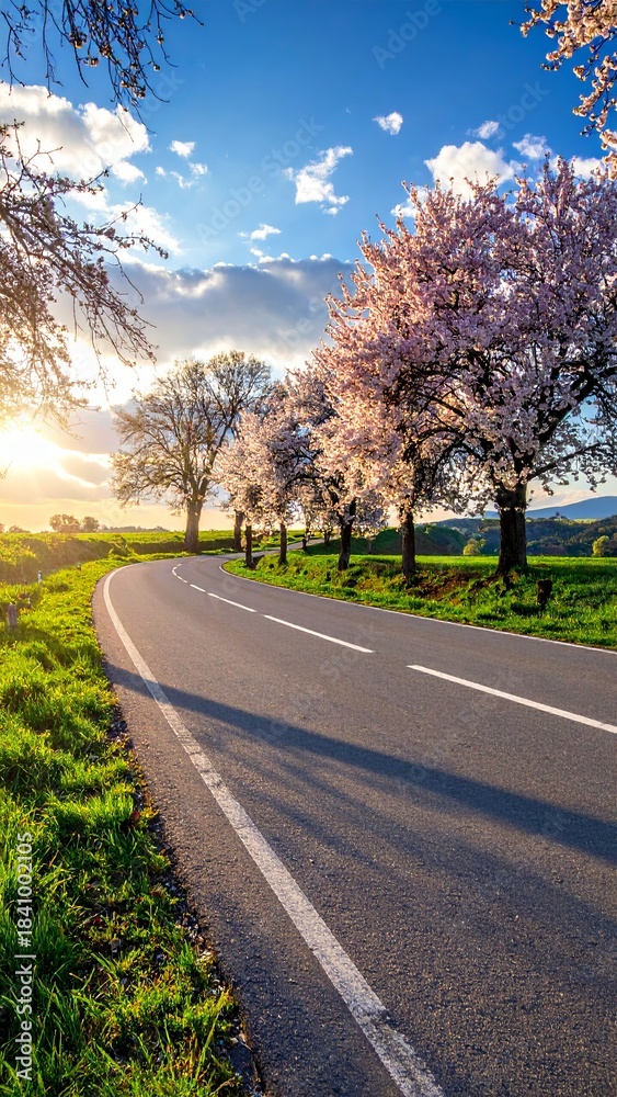 Fototapeta premium Road with blooming trees in spring