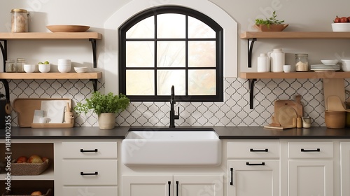 Full kitchen view featuring shaker-style white cabinets, farmhouse ceramic sink, high-arched matte black faucet, and patterned cement tile backsplash with oak shelves above.