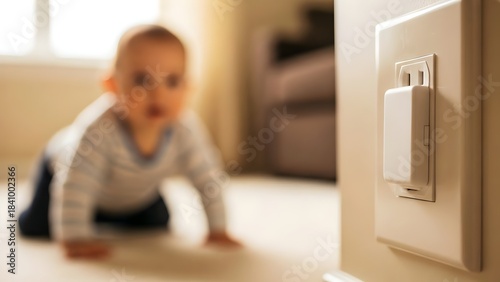 Child safety at home: Baby crawling towards an electrical wall outlet with a safety cover, highlighting infant protection and babyproofing for young children.