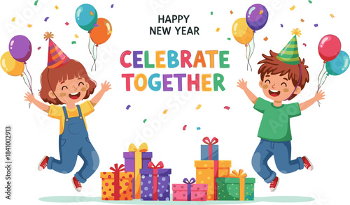 Happy New Year Celebration with Jumping Children and Gift Boxes