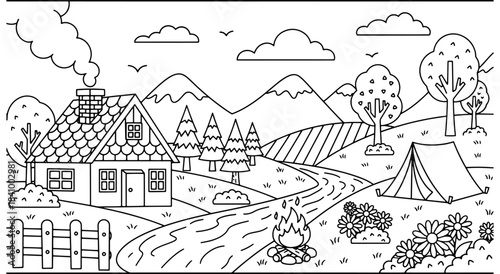 Cozy cabin with campfire and tent, nestled in scenic mountain landscape Vector