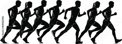 Running silhouette group, athletic motion, male and female runners, fitness stride, sports energy, teamwork pace, black figures, health activity art