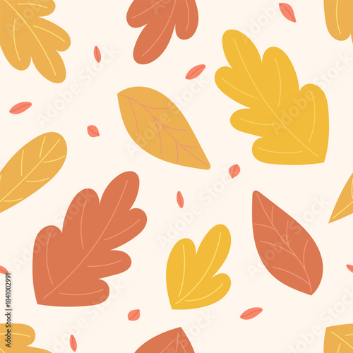 Seamless pattern with autumn leaves on light beige background. Autumn and harvest concept. Flat style vector illustration.
