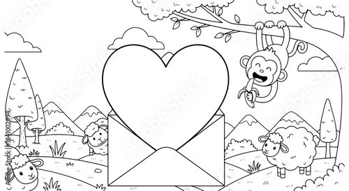 Cute monkey and sheep with i love you heart, banana, and envelope coloring page Vector