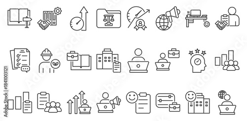 icon pack of Onboarding in creative outline vector style for business training material employee workflow system digital office toolkit modern visual identity set and universal workplace guide design