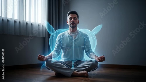 Digital Harmony: Man Meditating with Augmented Reality Aura