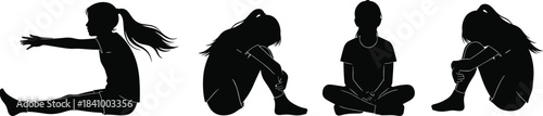 Title: Silhouette collection: Young girl in various seated poses, including stretching, sad, anxious, and yoga positions, vector illustration.