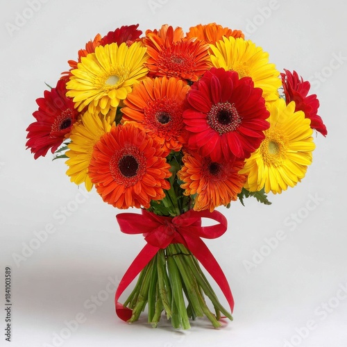Vibrant bouquet of red orange and yellow gerbera daisies tied with a red ribbon