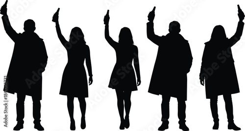 Silhouette group celebration, people raising bottles, festive unity pose, party moment, cheerful friends, black figures, toast gesture, abstract social scene