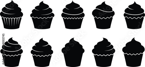 Cupcake silhouette icons, black dessert shapes, bakery treats, frosting variations, sweet food symbols, minimal vector set, pastry decoration, graphic design elements