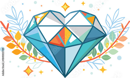 A stylized heart shaped diamond gemstone with colorful facets surrounded by whimsical floral branches and sparkling stars on a black background representing love and preciousness