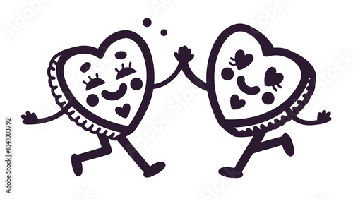 Two cheerful cartoon heart characters with faces are joyfully running and giving each other a high five symbolizing friendship and celebration