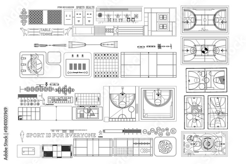 Basketball, Volleyball, Tennis and Football Court Plan, Sports Field CAD Layout