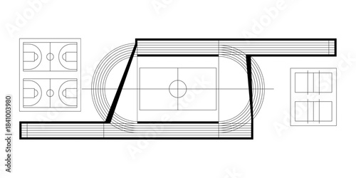 Basketball, Volleyball, Tennis and Football Court Plan, Sports Field CAD Layout