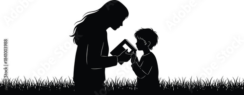 Silhouette of adult teaching child, reading, learning, education, bonding, nature, parenting, outdoor study, book, grass, interaction, guidance, care