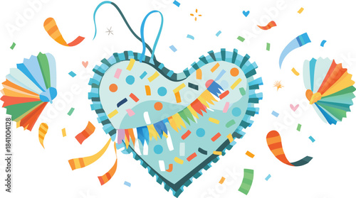 A festive heart shaped pinata decorated with colorful confetti and streamers surrounded by celebratory elements like paper fans and small flags perfect for party invitations and decorations