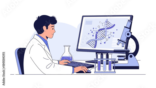 Scientist Analyzing DNA Structure on Computer for Genetic Research, Biotechnology Innovation, Molecular Biology Study, Genome Sequencing, Laboratory Analysis and Scientific Investigation Illustration