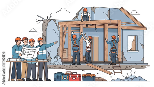 House Reconstruction and Building Renovation Illustration Showing Construction Workers Repairing Structure, Engineering Team Planning, Damage Restoration, Home Improvement and Structural Rebuild Proje