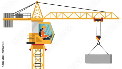Tower Crane Lifting Heavy Load Illustration Showing Construction Machinery Operation, Building Development, Industrial Equipment, Engineering Work, Material Handling and Structural Project Progress