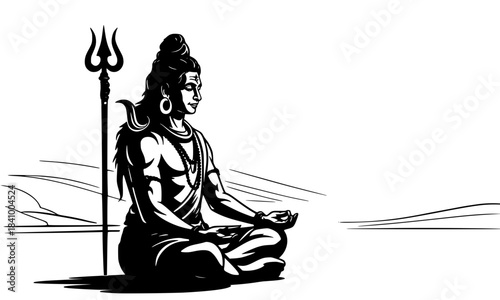 Lord Shiva Meditating Vector Illustration, Mahadev in Yoga Pose, Black and White Traditional Hindu God, Spiritual Wellness, Trishula Symbolism, Indian Culture Graphic