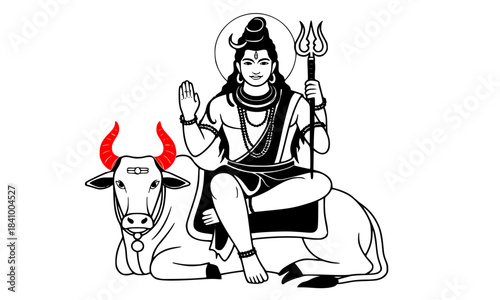 Lord Shiva Sitting on Nandi Bull Vector, Black and White Hindu God Illustration, Mahadev with Trishula, Traditional Indian Mythology, Spiritual Worship Graphic