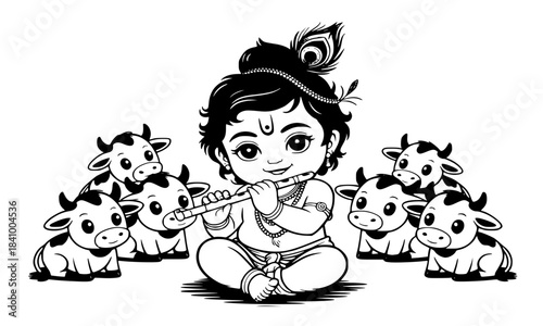 Cute Baby Krishna Playing Flute Vector, Bal Krishna with Cows Cartoon Illustration, Janmashtami Festival, Hindu Mythology, Indian God, Childhood, Devotion, Black and White Graphic