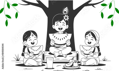 Black and White Indian Children Eating Watermelon Vector, Happy Summer Picnic, Bal Krishna and Friends Illustration, Friendship Joy, Cartoon Kids Outdoors, Traditional Festival Concept