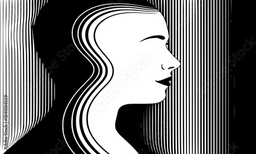 Black and White Woman Profile, Stylized Vector Art, Modern Retro Line Design, Female Beauty Portrait, Identity, Mystery, Optical Illusion, Minimalist Fashion Concept
