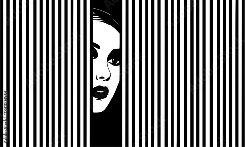 Woman Peeking Behind Stripes Vector, Black and White Graphic Design, Hidden Identity, Surveillance Concept, Suspicion, Privacy, Mystery, Pop Art Portrait Element