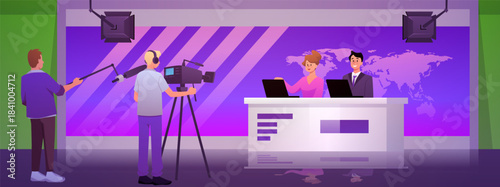 TV news in studio interior with backstage, vector cartoon TV journalists and newscasters sitting at table on stage