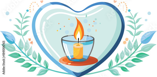 A lit candle in a glass holder sits within a heart shape surrounded by decorative leaves and small floral elements symbolizing love and warmth