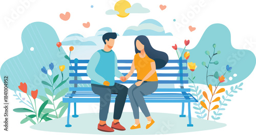 A couple holding hands on a park bench surrounded by flowers and hearts under a sunny sky representing love and romance in a serene outdoor setting