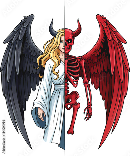 Blonde angel with a black wing split with a red horned demonic skeleton with a red wing.