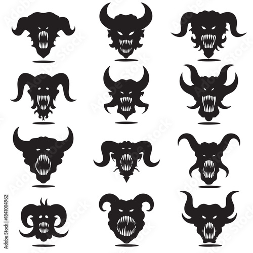 Collection of scary horned monster and demon heads with sharp teeth and glowing eyes for fantasy designs
