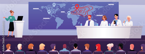 A horizontal poster of a lecture hall with speakers in white coats and an audience of listeners.