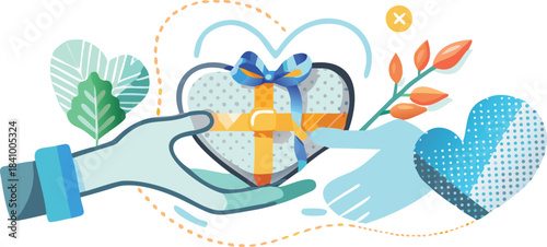 Two stylized hands exchanging a heart shaped gift box adorned with a blue ribbon and yellow wrapping symbolizing love generosity and thoughtful giving