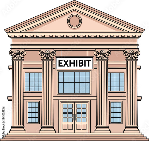 Illustrated Neoclassical Exhibition Hall with a Grand Facade Columns and Pediment.