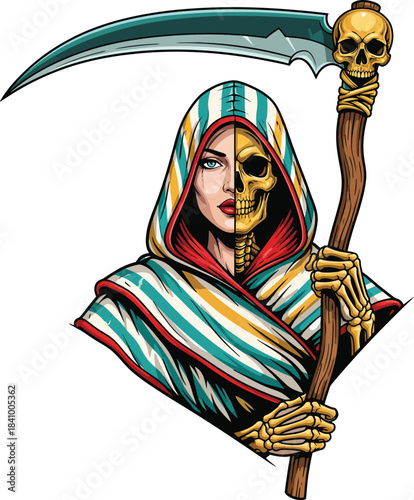 Hooded female Grim Reaper with a split skull face skeletal hands and a colorful striped cloak holding a large scythe.
